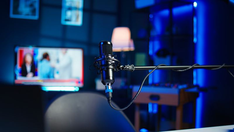 A studio microphone on a boom arm in a blue-lit broadcast setup.