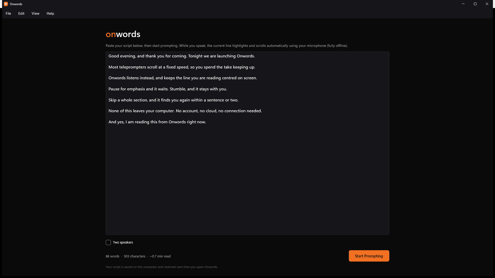 The Onwords script editor with a pasted script, word count and reading time.