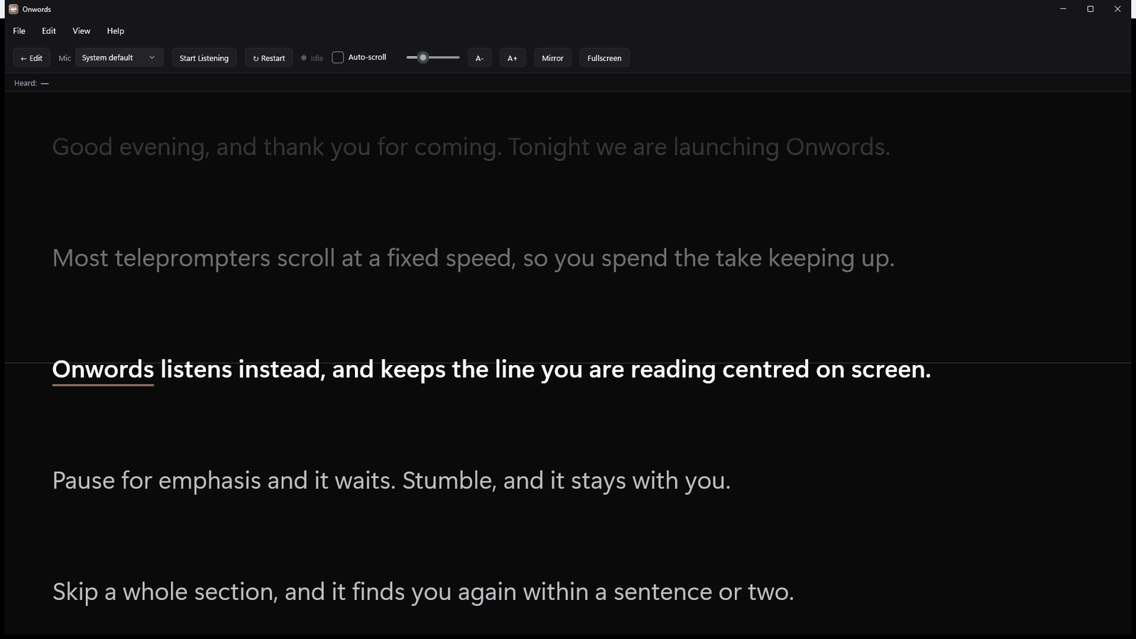 The Onwords prompter following a script: the current line is centred and bright with an orange marker under the word being spoken.