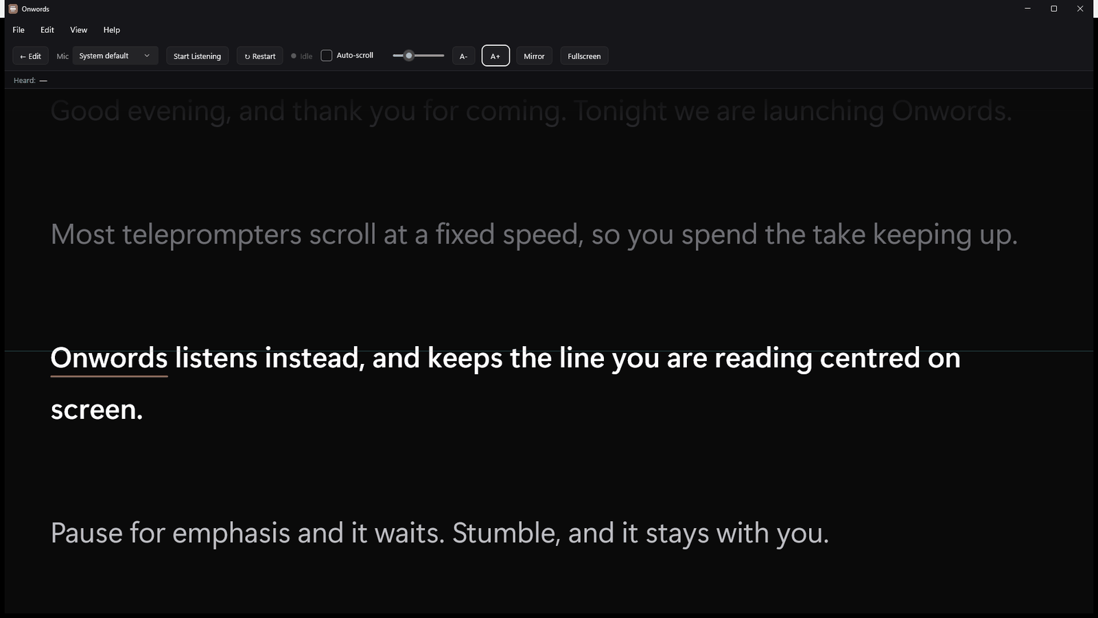 The prompter with the text scaled up substantially for reading at a distance.