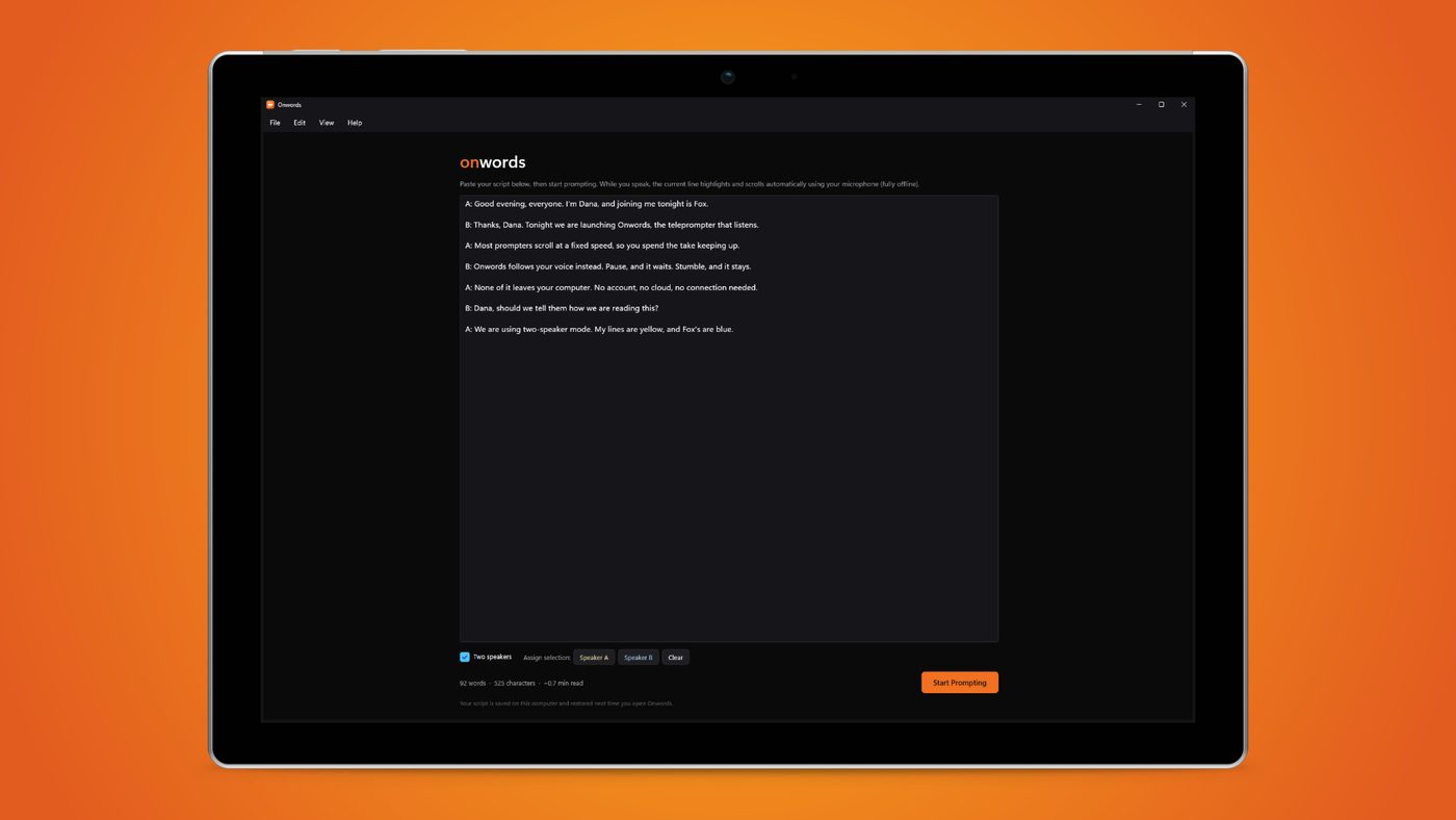 Onwords assigning lines, shown on a Windows tablet against an orange background.