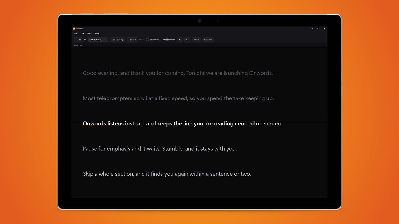 Onwords the prompter, shown on a Windows tablet against an orange background.