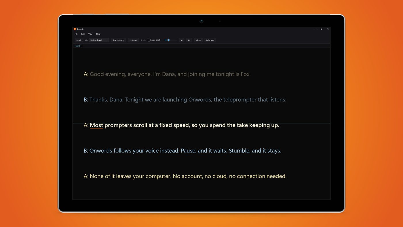 Onwords two presenters, shown on a Windows tablet against an orange background.