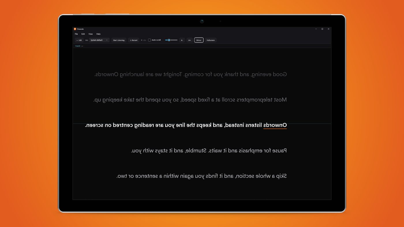 Onwords mirror mode, shown on a Windows tablet against an orange background.